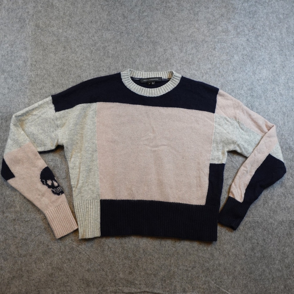 Skull Cashmere Sweater Women Small Pink Navy Gray Colorblock Skull Graphic